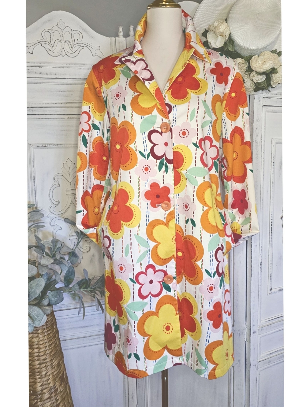 Vintage 90s Y2K Harve Bernad Retro Flower Trench Coat